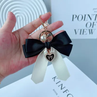 Women Fashion Simple Bow Pearl Heart Pendant Keychain
