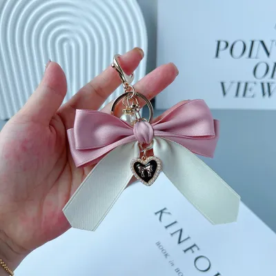 Women Fashion Simple Bow Pearl Heart Pendant Keychain