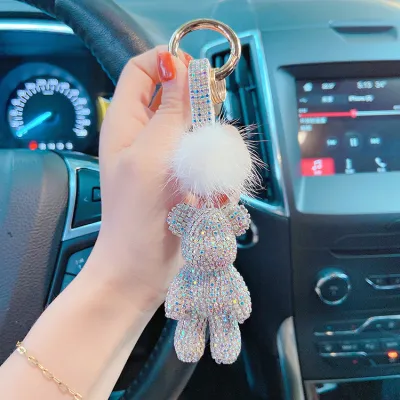 Women Fashion Cartoon Rhinestone Violent Bear Fur Ball Key Chain Pendant