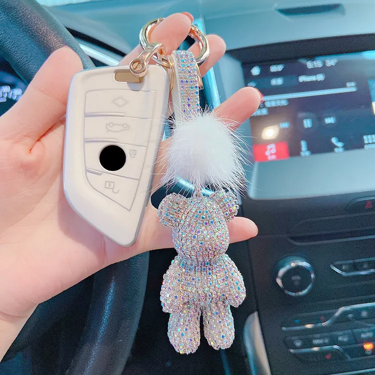 Women Fashion Cartoon Rhinestone Violent Bear Fur Ball Key Chain Pendant