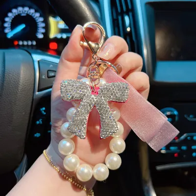 Women's Fashion Bow Rhinestone Pearl Keychain Pendant