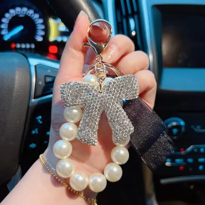 Women's Fashion Bow Rhinestone Pearl Keychain Pendant