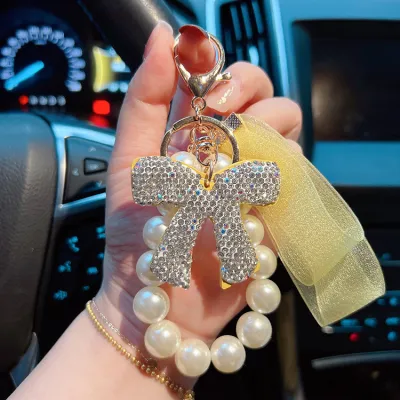 Women's Fashion Bow Rhinestone Pearl Keychain Pendant