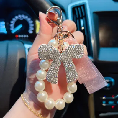 Women's Fashion Bow Rhinestone Pearl Keychain Pendant