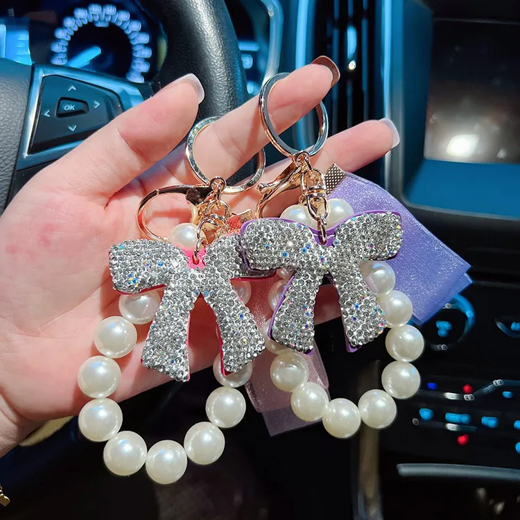 Women's Fashion Bow Rhinestone Pearl Keychain Pendant