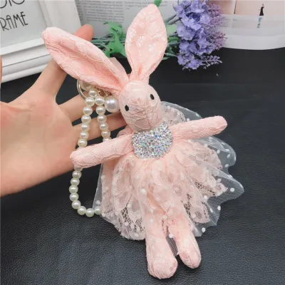 Women Fashion Creative Lace Rhinestone Rabbit Key Chain Pendant