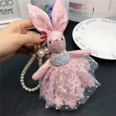 Women Fashion Creative Lace Rhinestone Rabbit Key Chain Pendant
