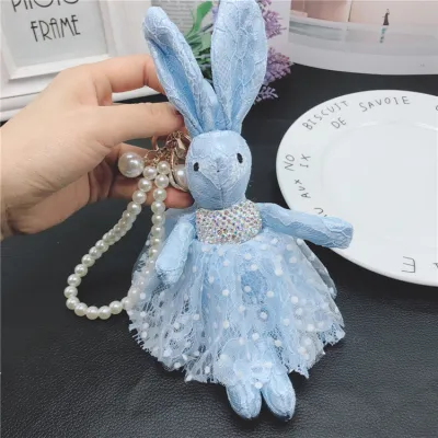 Women Fashion Creative Lace Rhinestone Rabbit Key Chain Pendant