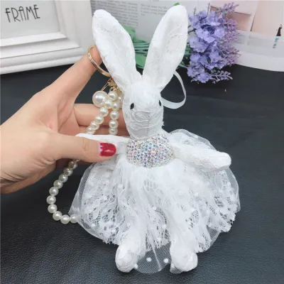 Women Fashion Creative Lace Rhinestone Rabbit Key Chain Pendant