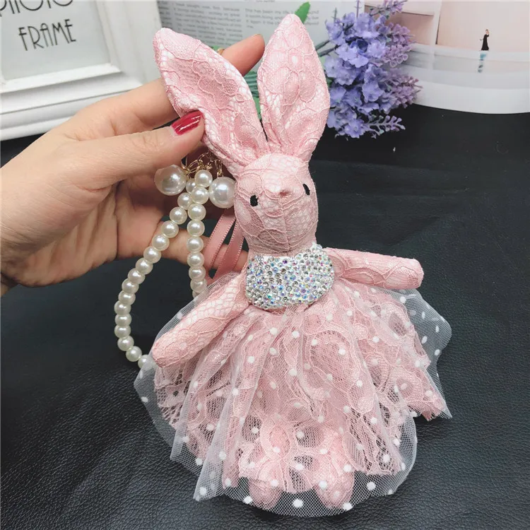 Women Fashion Creative Lace Rhinestone Rabbit Key Chain Pendant