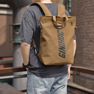 Men Leisure Sports Commuter Solid Color Canvas Backpacks Bag