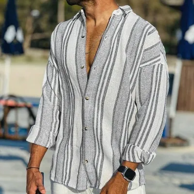 Camisa de solapa de manga larga de talla grande con estampado de rayas informal a la moda para hombre