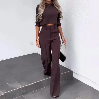 Women Casual Solid Color Round Neck Long Sleeve Top Wide Leg Pants Two-Piece Set
