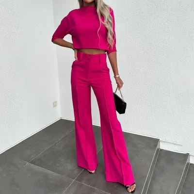 Women Casual Solid Color Round Neck Long Sleeve Top Wide Leg Pants Two-Piece Set