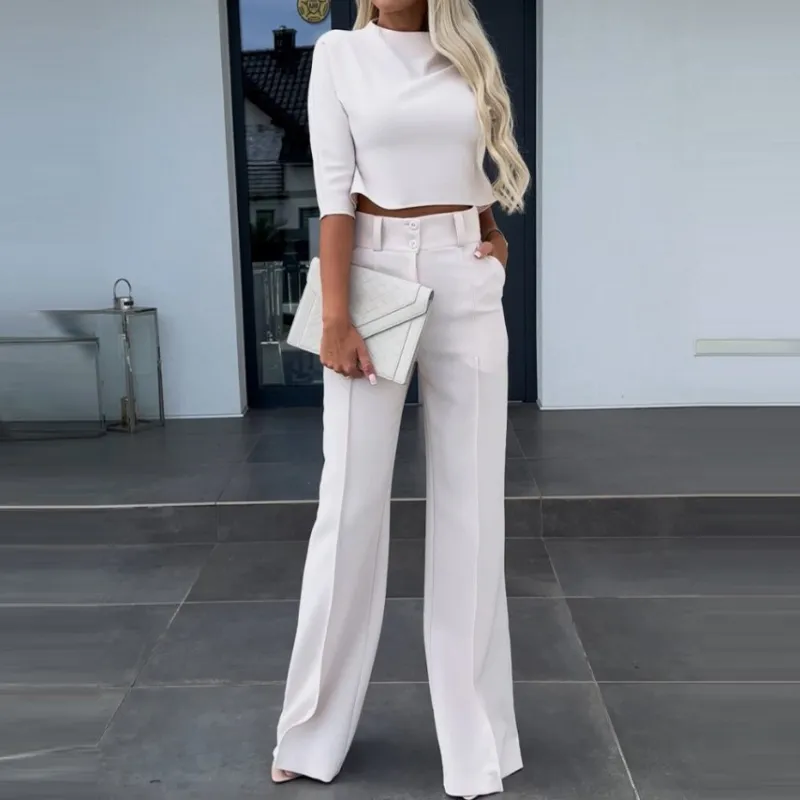 Women Casual Solid Color Round Neck Long Sleeve Top Wide Leg Pants Two-Piece Set