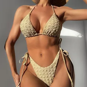 Women Halter Neck Lace-Up High Waist Creased Solid Color Bikini Swimwear
