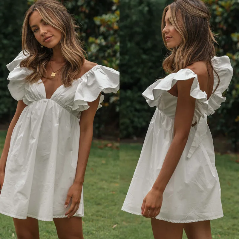 Women Summer Vacation V-Neck Ruffle Sleeve Solid Color Mini Dress