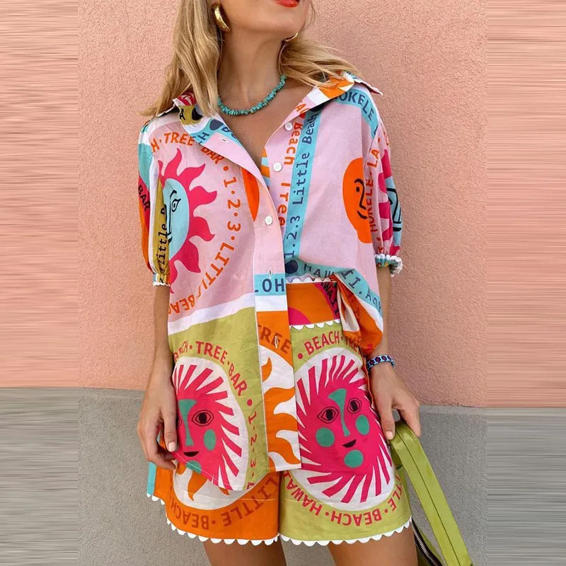 Women Casual Graphic Print Shirt Shorts Two-Piece Set