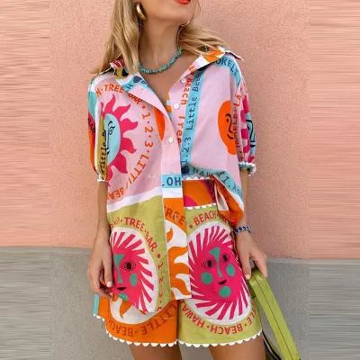 Women Casual Graphic Print Shirt Shorts Two-Piece Set