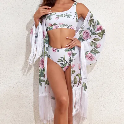 Women Sexy Flower Leaf Print Oblique Shoulder One-Piece Swimsuit with Tassel Long Sleeve Cover-Up Set