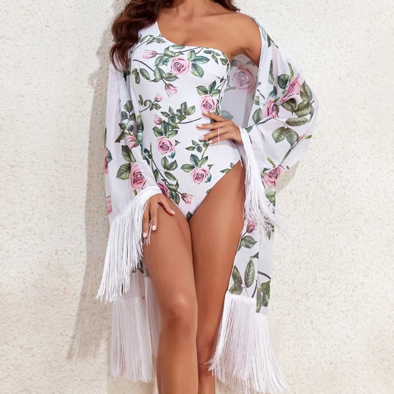Women Sexy Flower Leaf Print Oblique Shoulder One-Piece Swimsuit with Tassel Long Sleeve Cover-Up Set