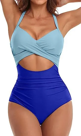 Women Fashion Sexy Leopard Stripe Print Cross Backless Strap One-Piece Swimsuit