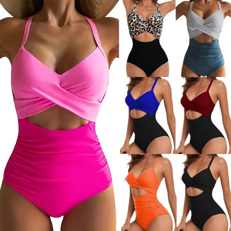 Women Fashion Sexy Leopard Stripe Print Cross Backless Strap One-Piece Swimsuit