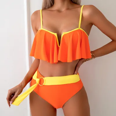 Women Fashion Sexy Color Block Sling High Waist Ring Strap Swimsuit Set