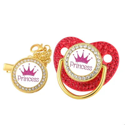 Rhinestone Princess Prince Crown Baby Pacifier With Chain Clip Silicone Medium Flow