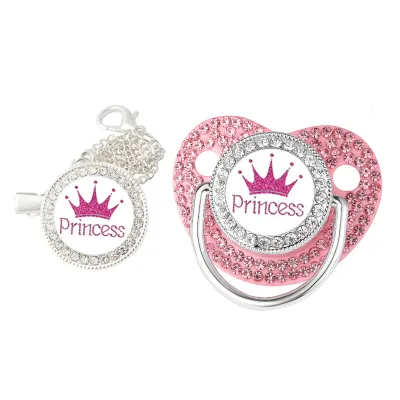 Rhinestone Princess Prince Crown Baby Pacifier With Chain Clip Silicone Medium Flow