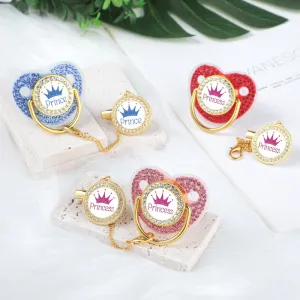 Rhinestone Princess Prince Crown Baby Pacifier With Chain Clip Silicone Medium Flow