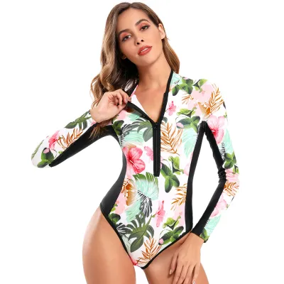 Women's Long Sleeve Zipper Floral Printed One-Piece Swimsuit