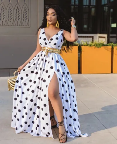 Women Polka Dot Printed Defined Waist Sexy Side-Slit Maxi Dress