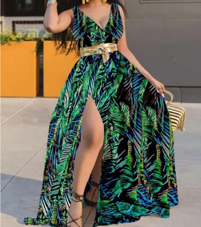Women Polka Dot Printed Defined Waist Sexy Side-Slit Maxi Dress