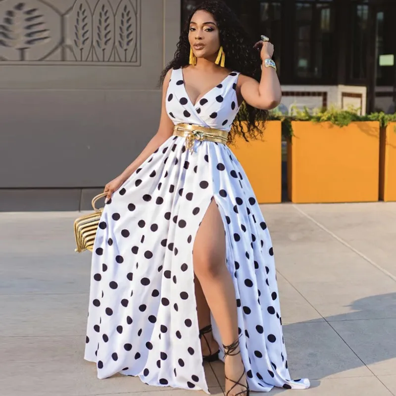 Women Polka Dot Printed Defined Waist Sexy Side-Slit Maxi Dress