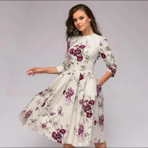 Women Elegant Floral Printed Long Sleeve A-Line Pleated Midi Dress