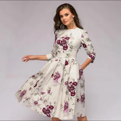 Women Elegant Floral Printed Long Sleeve A-Line Pleated Midi Dress
