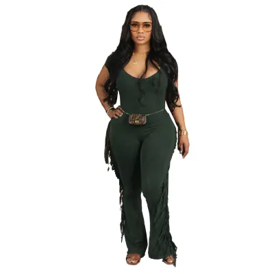 Women Slim Fit Lycra Jumpsuits with Tassel Trim, Commuter Style, Solid Color