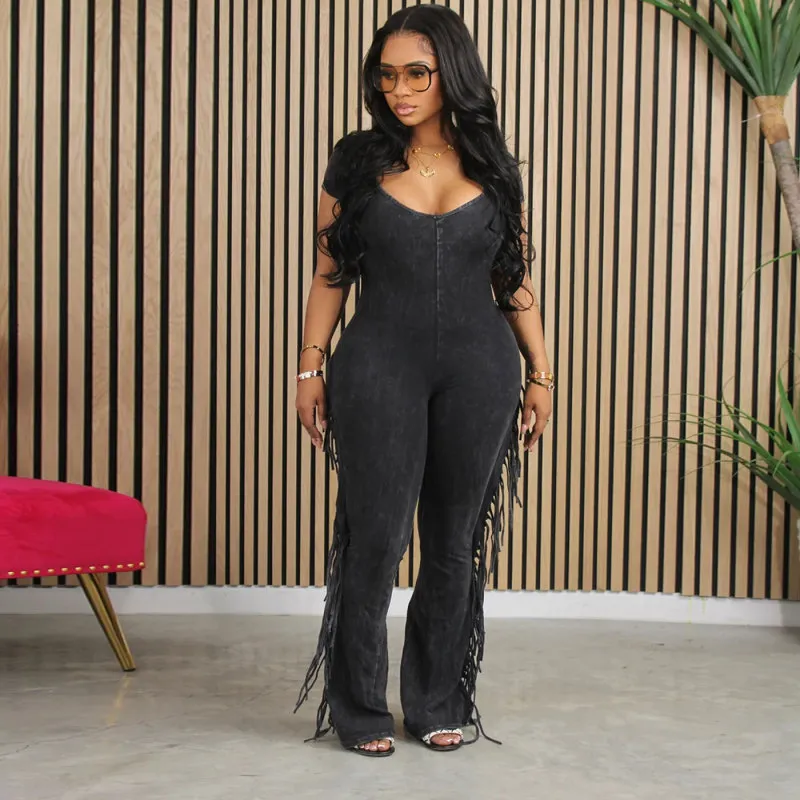 Women Slim Fit Lycra Jumpsuits with Tassel Trim, Commuter Style, Solid Color
