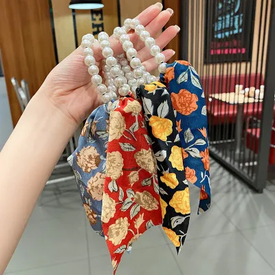 Women Fashion Bow Ribbon Pearl Hair Rope Sweet Fresh
