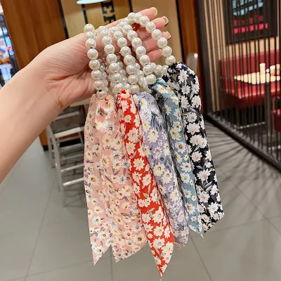 Women Fashion Bow Ribbon Pearl Hair Rope Sweet Fresh