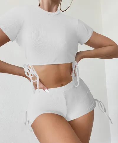 Solid Color Rib-Knit Lace-Up Conservative Fashion Women Boxer Tight Short Sleeve Drawstring Swimsuit