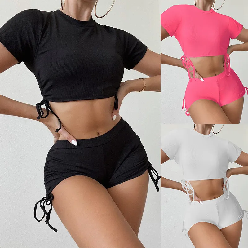 Solid Color Rib-Knit Lace-Up Conservative Fashion Women Boxer Tight Short Sleeve Drawstring Swimsuit