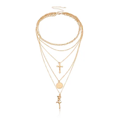 Women Fashion Simple Cross Rose Queen Head Pendant Multi-Layer Alloy Necklace