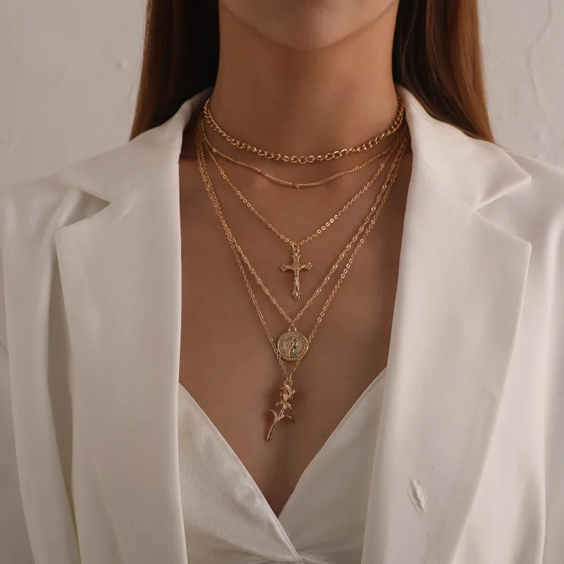 Women Fashion Simple Cross Rose Queen Head Pendant Multi-Layer Alloy Necklace
