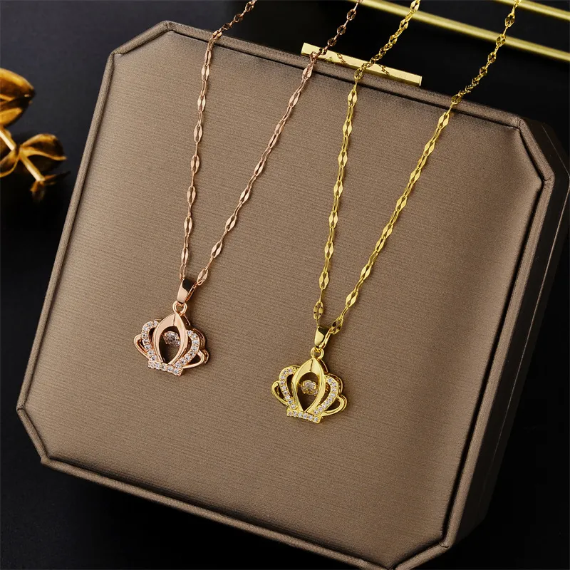 Women Fashion Simple Crown Rhinestone Titanium Steel Necklace