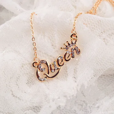 Women Fashion Simple Queen Letter Crown Rhinestone Pendant Necklace