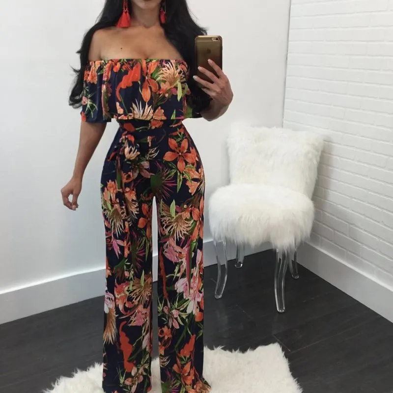 Women Fashion Sexy Floral Print Off Shoulder Wide Leg Jumpsuits