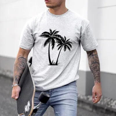 Camiseta informal de manga corta con cuello redondo y estampado de coco para hombre, talla grande