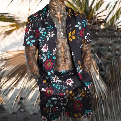 Men Plus Size Vintage 3D Floral Print Cardigan Short Sleeve Lapel Shirt Shorts Set
